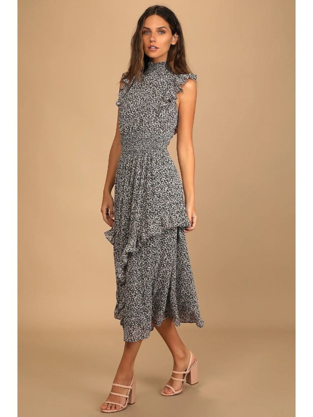NWT Lulus Size M Evalina Black Micro Dark Floral Mock Neck Midi Dress - Picture 1 of 16